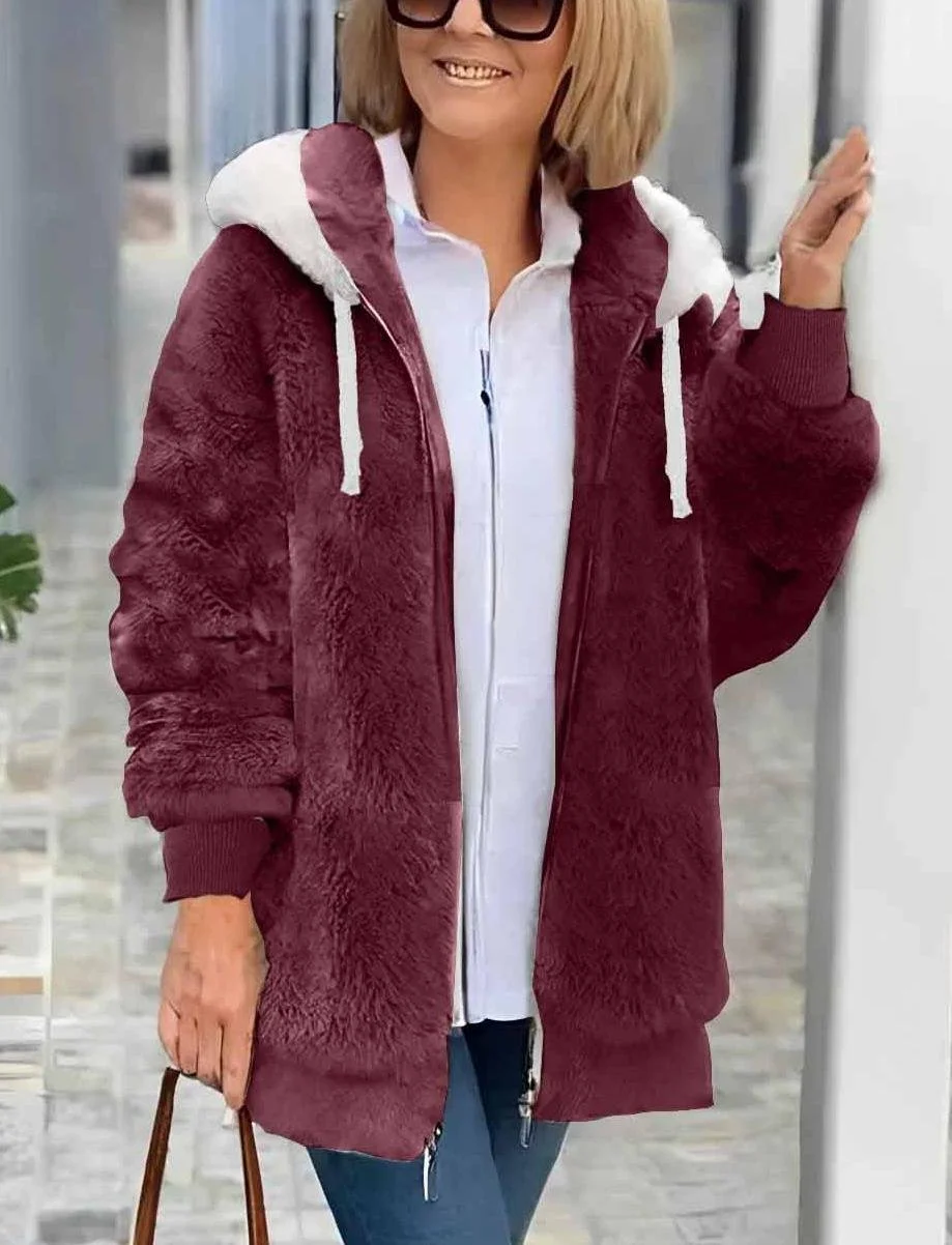 Women Plain Shawl Collar Zip Up Hoodie Long Sleeve Vintage Winter Daily Teddy Jacket Outerwear