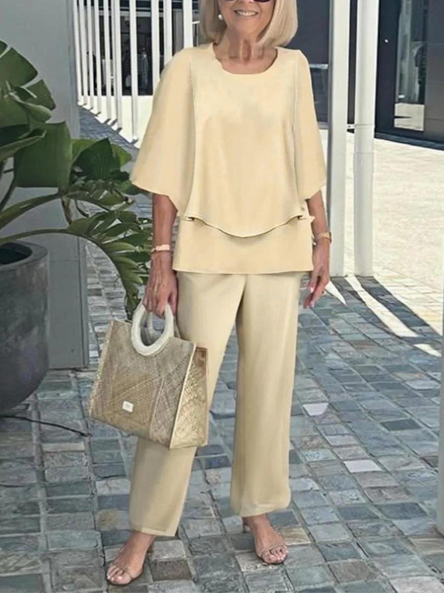 Women Striped Three Quarter Sleeve Top With Pants Vintage Spring/Fall Crew Neck Two-Piece Set