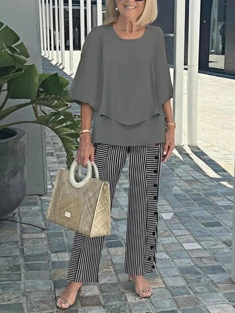 Women Striped Three Quarter Sleeve Top With Pants Vintage Spring/Fall Crew Neck Two-Piece Set