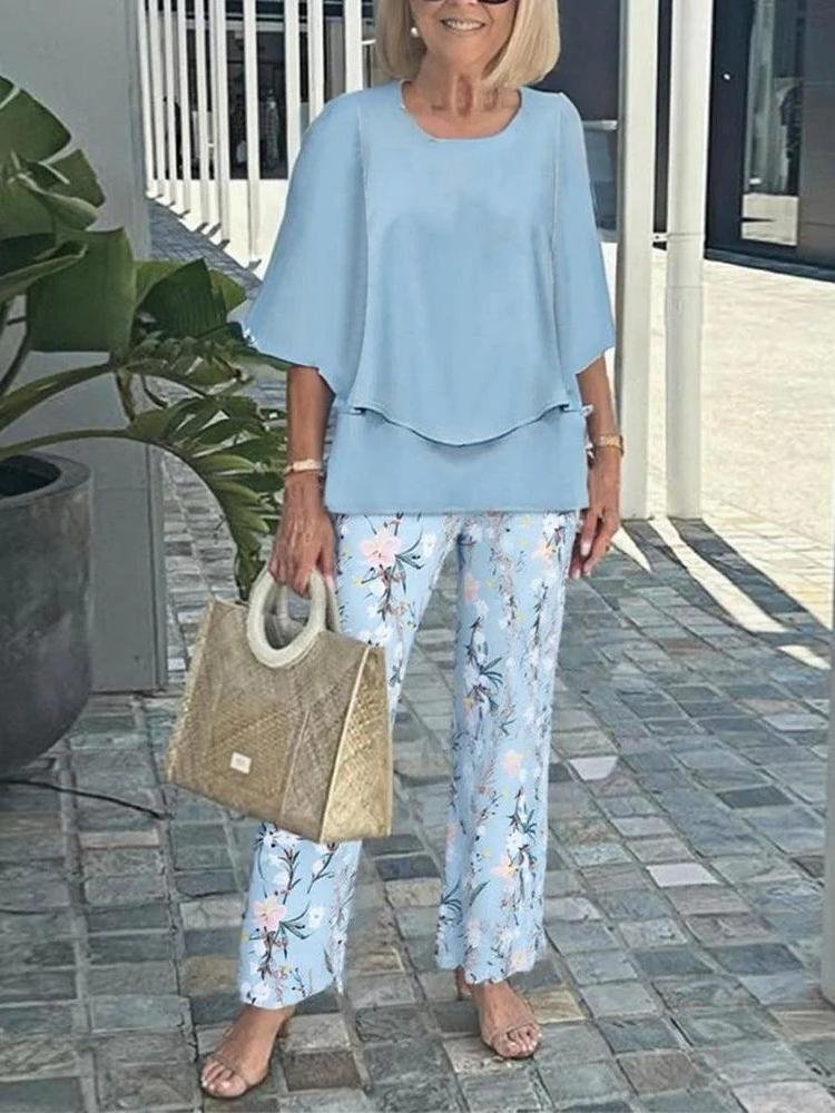 Women Striped Three Quarter Sleeve Top With Pants Vintage Spring/Fall Crew Neck Two-Piece Set