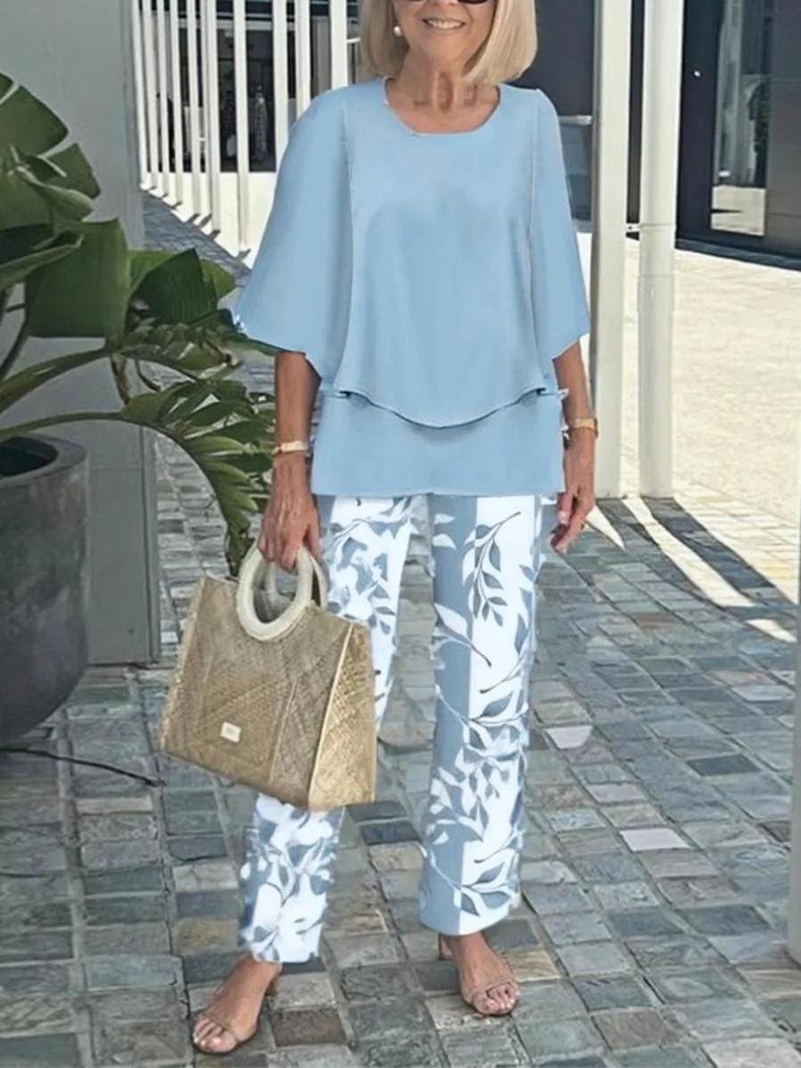 Women Striped Three Quarter Sleeve Top With Pants Vintage Spring/Fall Crew Neck Two-Piece Set