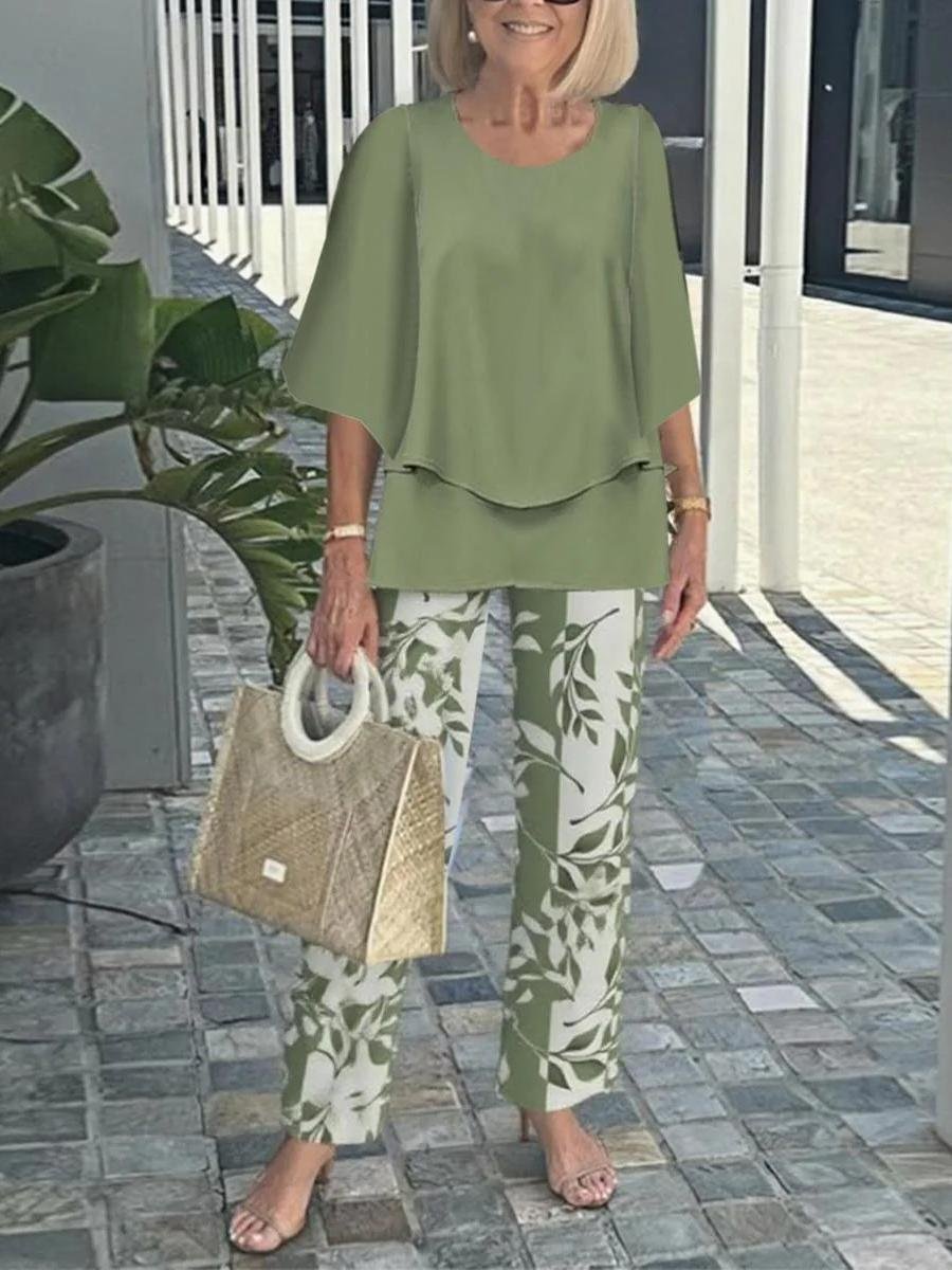 Women Striped Three Quarter Sleeve Top With Pants Vintage Spring/Fall Crew Neck Two-Piece Set