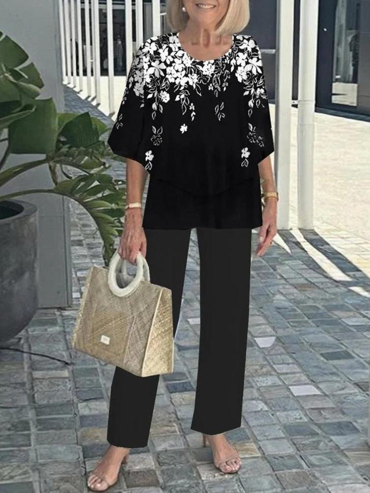 Women Striped Three Quarter Sleeve Top With Pants Vintage Spring/Fall Crew Neck Two-Piece Set