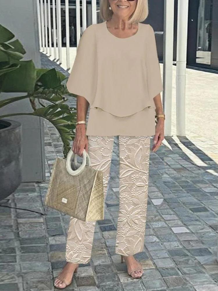 Women Striped Three Quarter Sleeve Top With Pants Vintage Spring/Fall Crew Neck Two-Piece Set