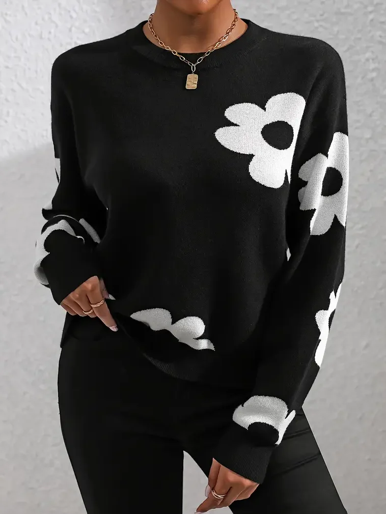 Women Floral Crew Neck Long Sleeve Casual Daily Spring/Fall Sweater