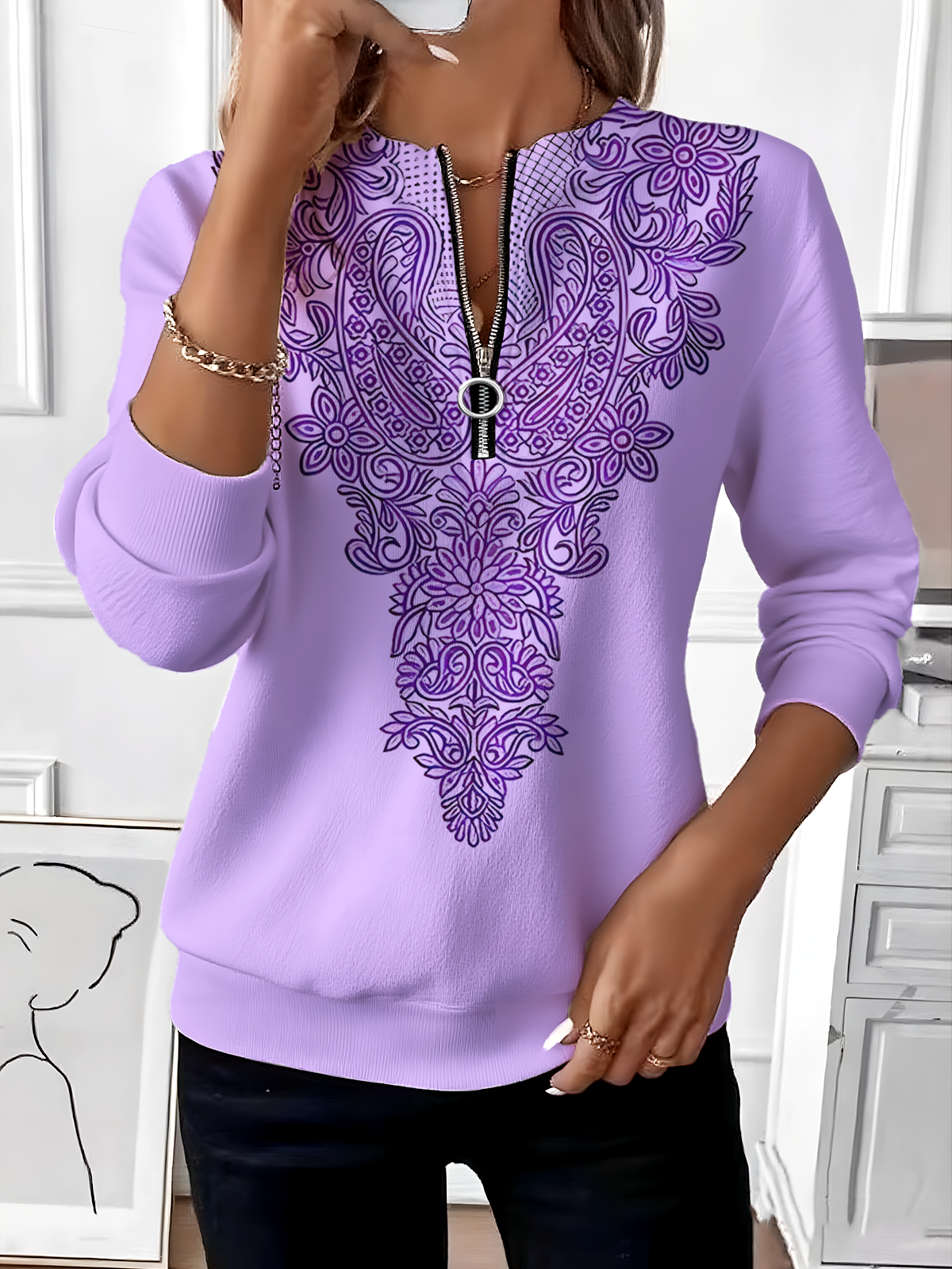 Women's Retro Art Graphic Design Everyday Long Sleeve Center Front Zip Sweatshirt