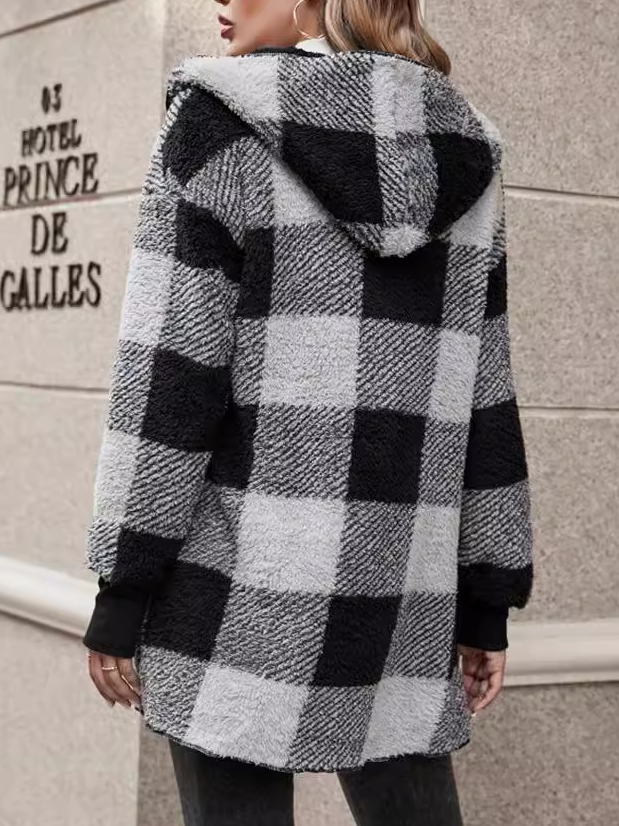 Women Plaid Hooded Zip Up Hoodie Long Sleeve Vintage Split Joint Spring/Fall Daily Jacket Outerwear