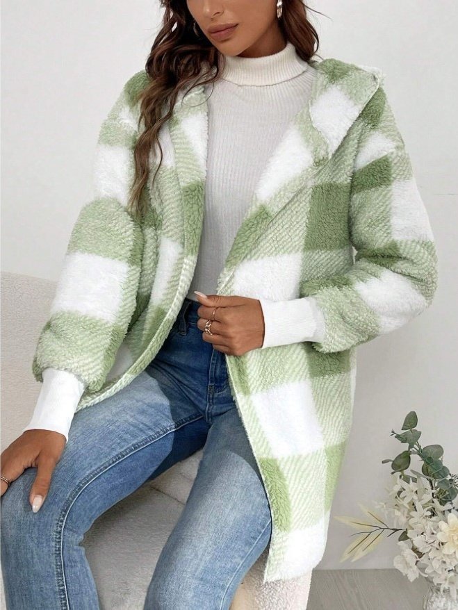 Women Plaid Hooded Zip Up Hoodie Long Sleeve Vintage Split Joint Spring/Fall Daily Jacket Outerwear