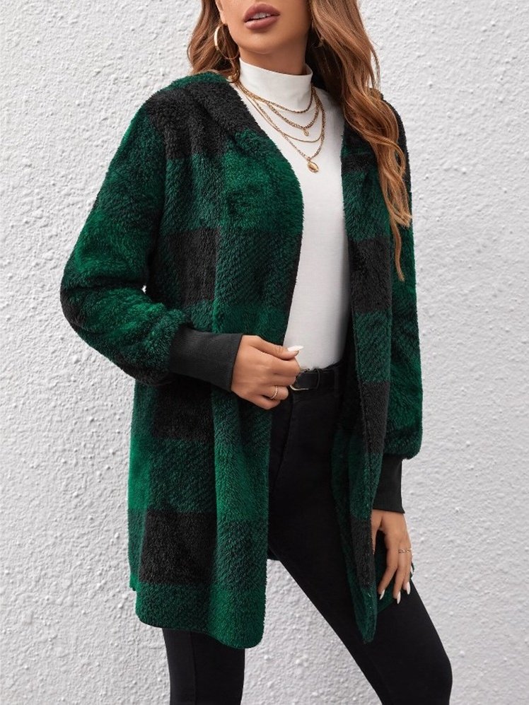 Women Plaid Hooded Zip Up Hoodie Long Sleeve Vintage Split Joint Spring/Fall Daily Jacket Outerwear