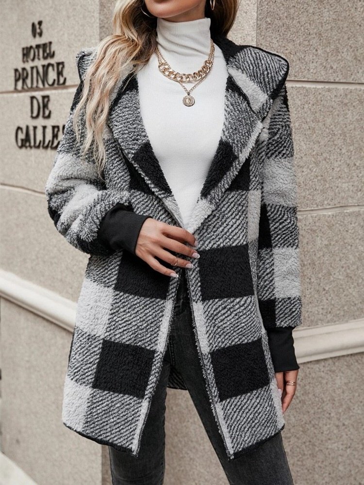 Women Plaid Hooded Zip Up Hoodie Long Sleeve Vintage Split Joint Spring/Fall Daily Jacket Outerwear