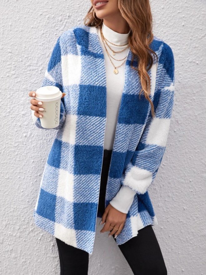 Women Plaid Hooded Zip Up Hoodie Long Sleeve Vintage Split Joint Spring/Fall Daily Jacket Outerwear