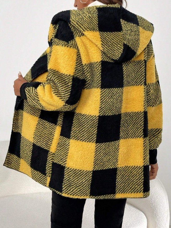 Women Plaid Hooded Zip Up Hoodie Long Sleeve Vintage Split Joint Spring/Fall Daily Jacket Outerwear
