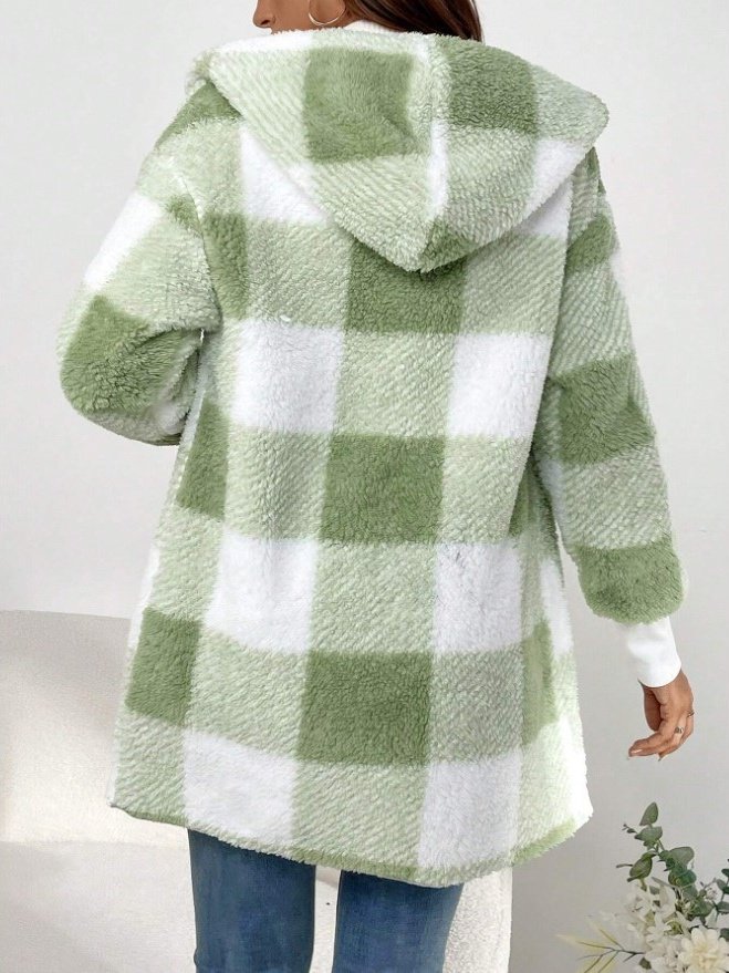 Women Plaid Hooded Zip Up Hoodie Long Sleeve Vintage Split Joint Spring/Fall Daily Jacket Outerwear