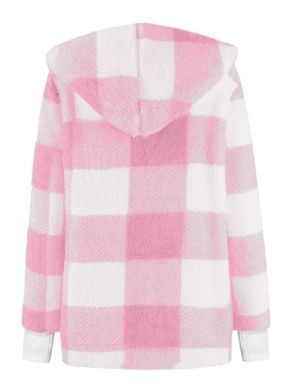 Women Plaid Hooded Zip Up Hoodie Long Sleeve Vintage Split Joint Spring/Fall Daily Jacket Outerwear