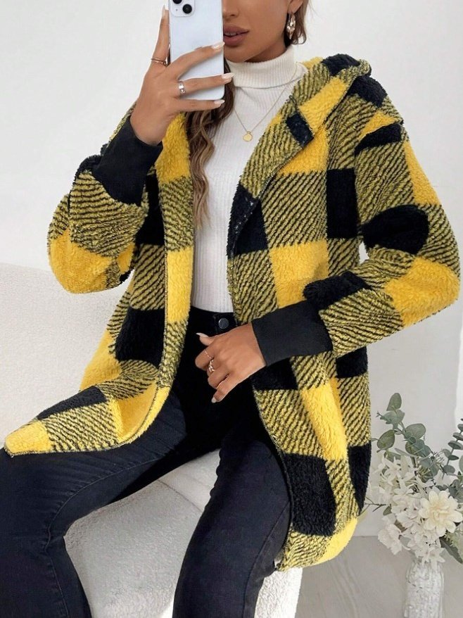 Women Plaid Hooded Zip Up Hoodie Long Sleeve Vintage Split Joint Spring/Fall Daily Jacket Outerwear
