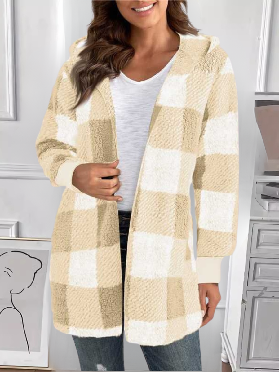 Women Plaid Hooded Zip Up Hoodie Long Sleeve Vintage Split Joint Spring/Fall Daily Jacket Outerwear