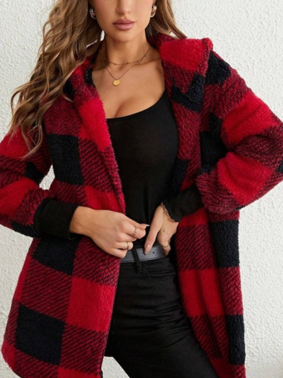 Women Plaid Hooded Zip Up Hoodie Long Sleeve Vintage Split Joint Spring/Fall Daily Jacket Outerwear