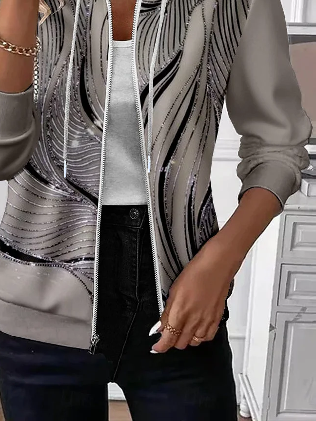 Women Abstract Hoodie Zip Up Hoodie Long Sleeve Casual Printing Spring/Fall Daily Jacket Outerwear