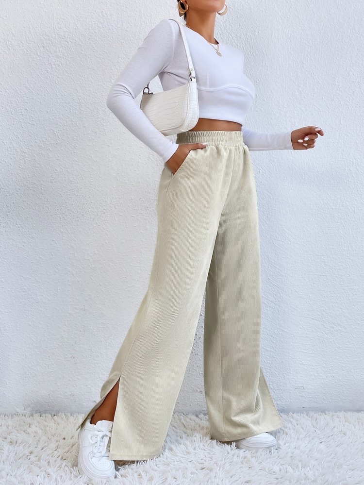 Women Plain Cotton Casual Split Joint Pant Daily Spring/Fall Wide Leg Pants