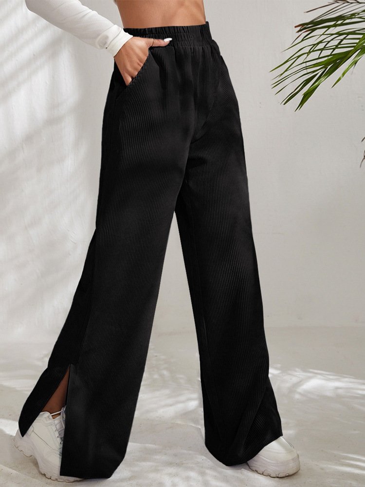 Women Plain Cotton Casual Split Joint Pant Daily Spring/Fall Wide Leg Pants