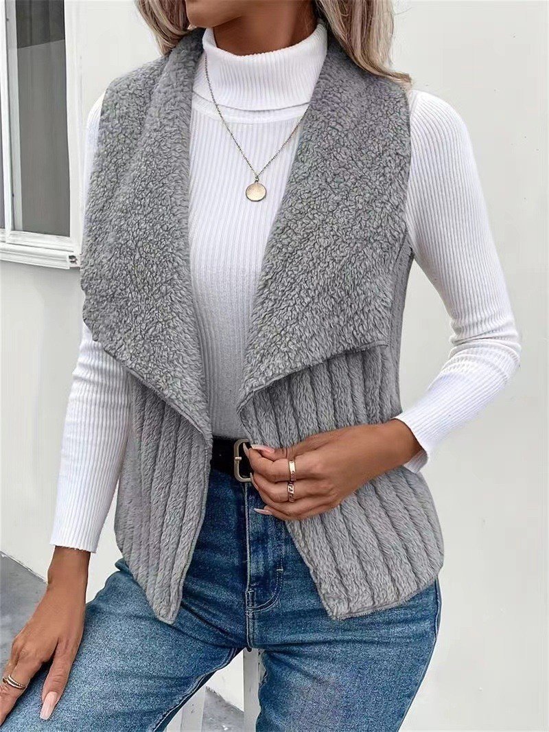 Women Plain Lapel Collar Zip Up Hoodie Sleeveless Casual Split Joint Autumn Daily Vest Outerwear