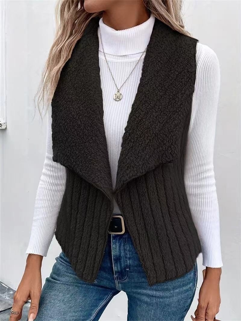 Women Plain Lapel Collar Zip Up Hoodie Sleeveless Casual Split Joint Autumn Daily Vest Outerwear
