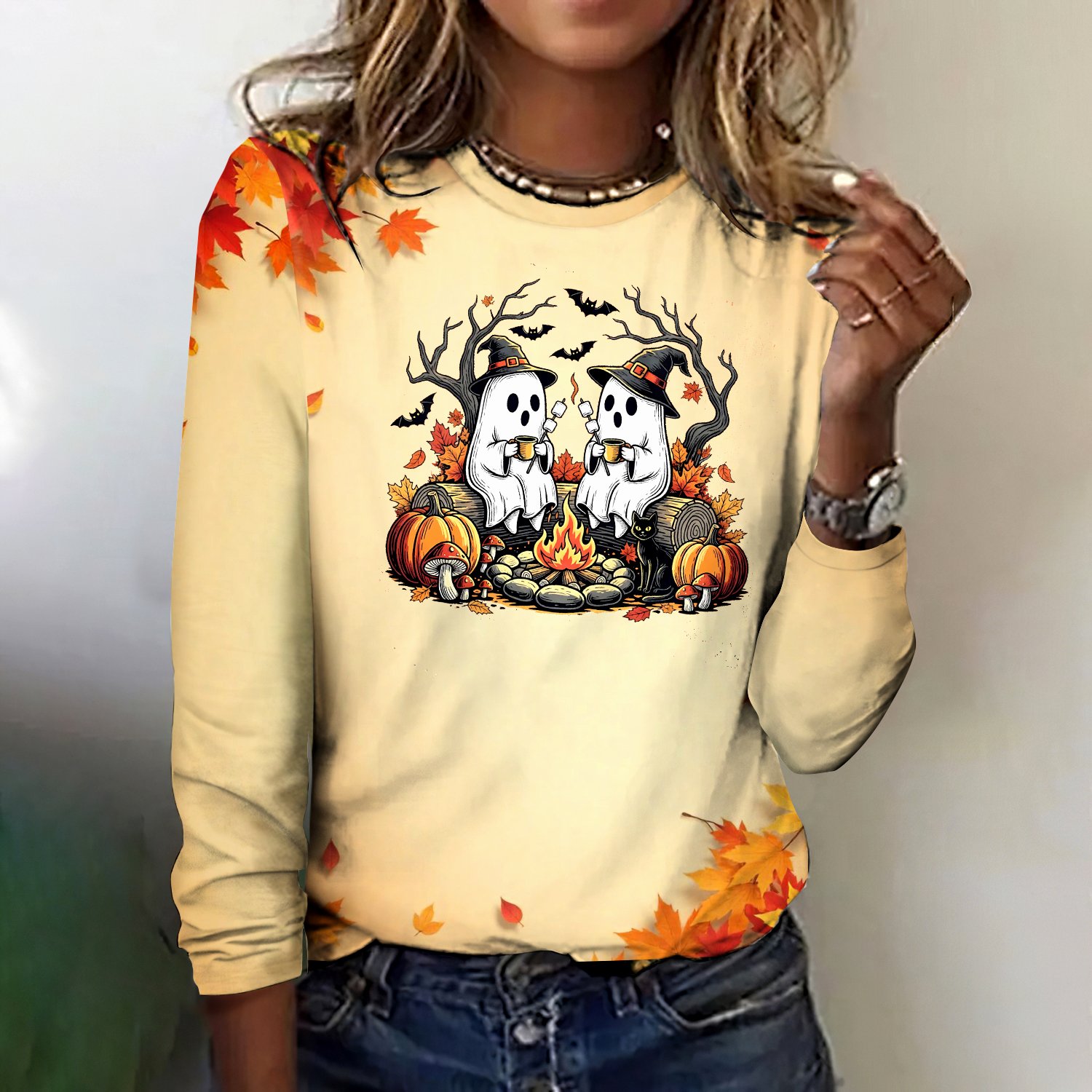 Women Animal Crew Neck Cotton Long Sleeve Vintage Daily Spring/Fall T-shirt