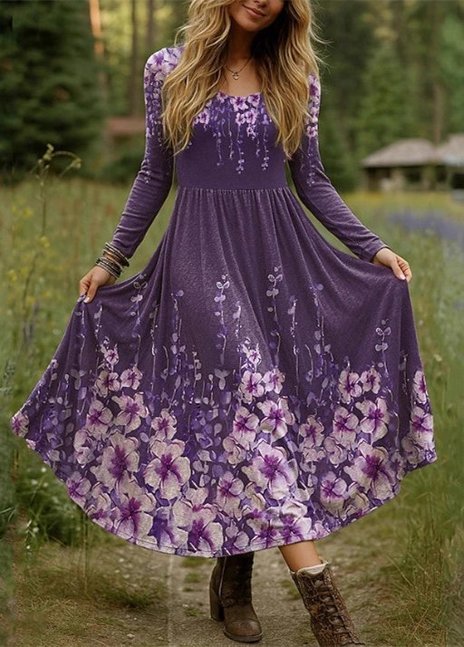 Women Floral Cotton V Neck Casual Spring/Fall Daily Maxi A-Line Dress