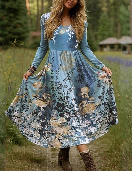 Women Floral Cotton V Neck Casual Spring/Fall Daily Maxi A-Line Dress