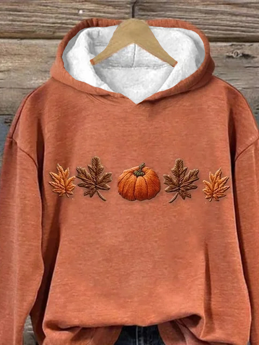 Women's Halloween Pumpkin Maple Leaf Print Casual Long Sleeve Hooded Sweatshirt