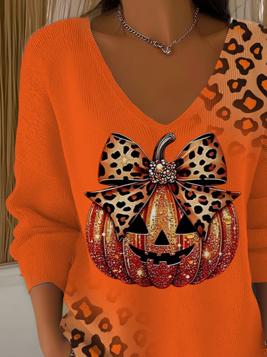 Women Leopard V Neck Long Sleeve Casual Daily Spring/Fall T-shirt