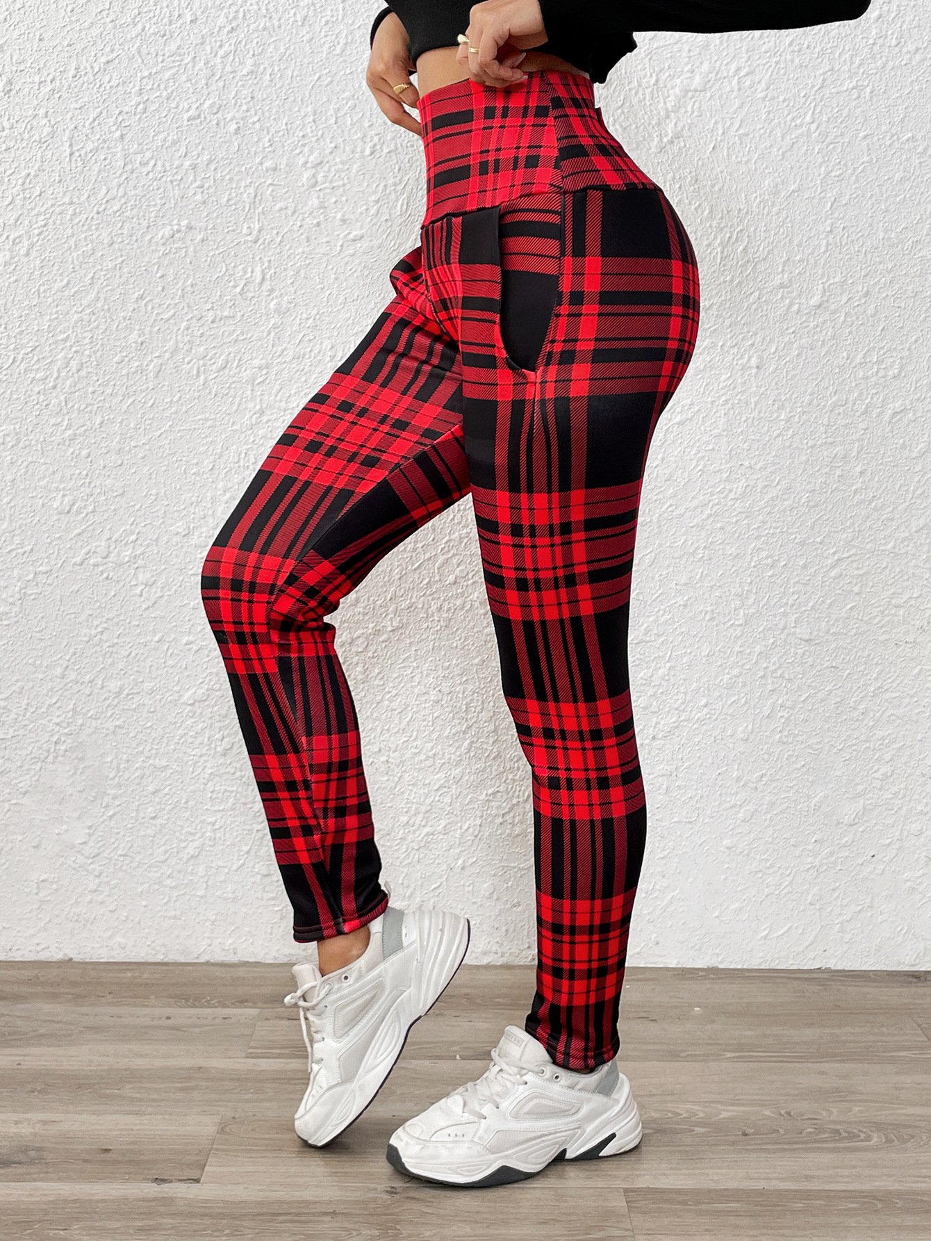Women Plaid Cashmere Casual Printing Leggings Daily Winter Slim Fit Pants