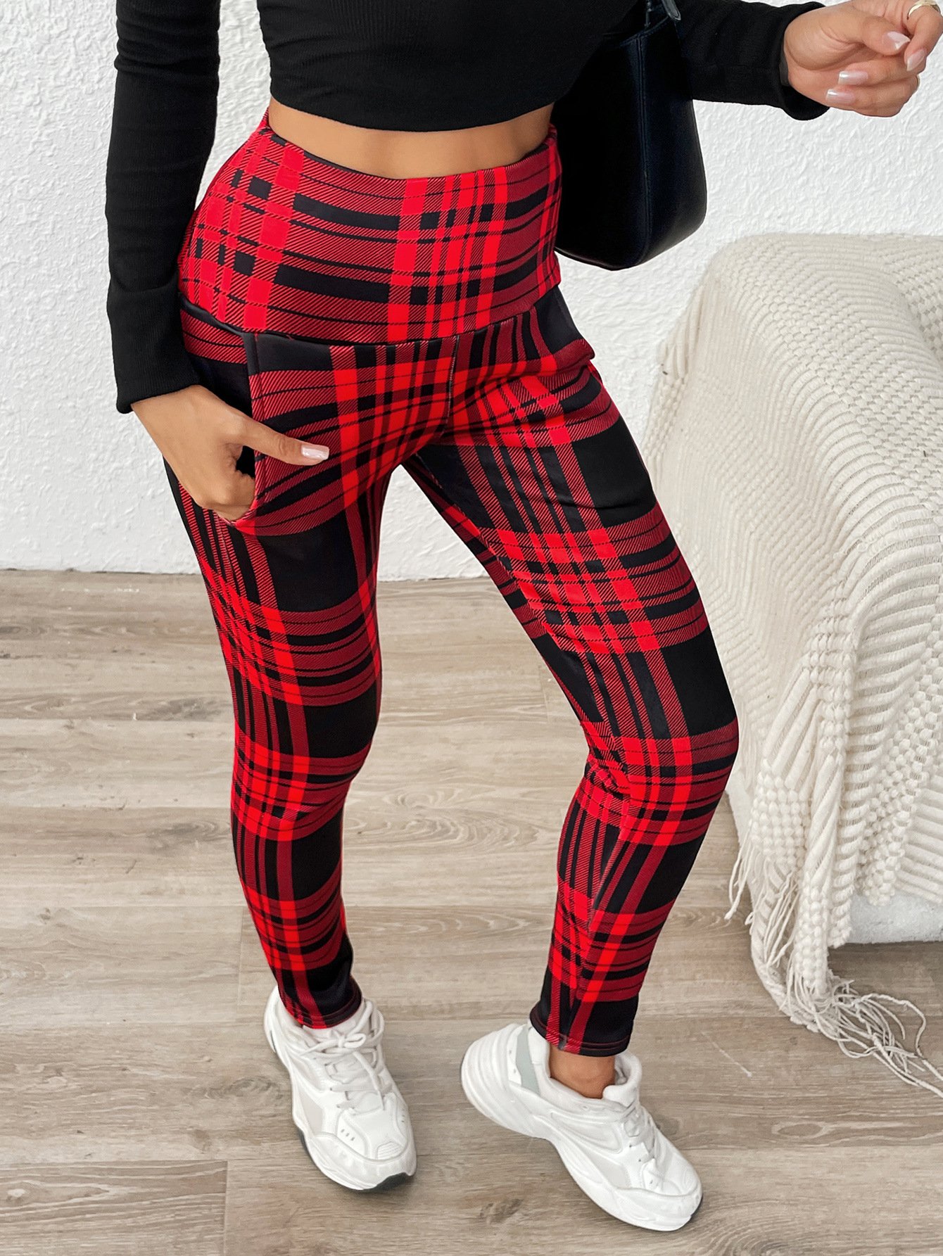 Women Plaid Cashmere Casual Printing Leggings Daily Winter Slim Fit Pants