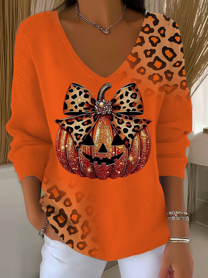 Women Leopard V Neck Long Sleeve Casual Daily Spring/Fall T-shirt