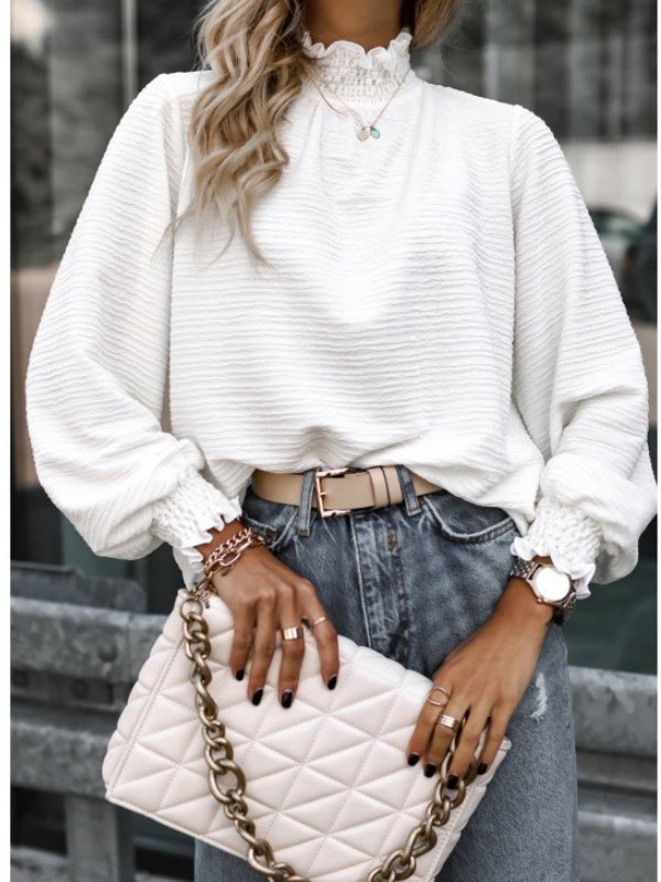 Women Geometric Stand Collar Long Sleeve Vintage Daily Spring/Fall T-shirt