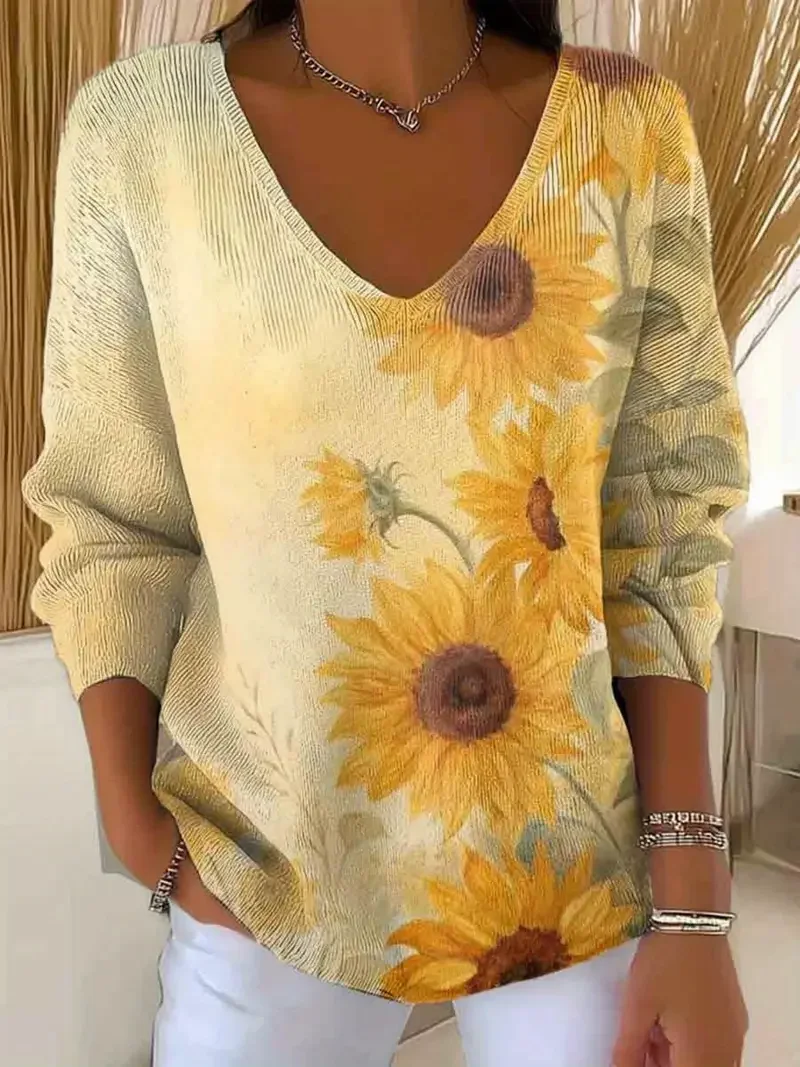 Women Floral V Neck Long Sleeve Casual Daily Spring/Fall T-shirt