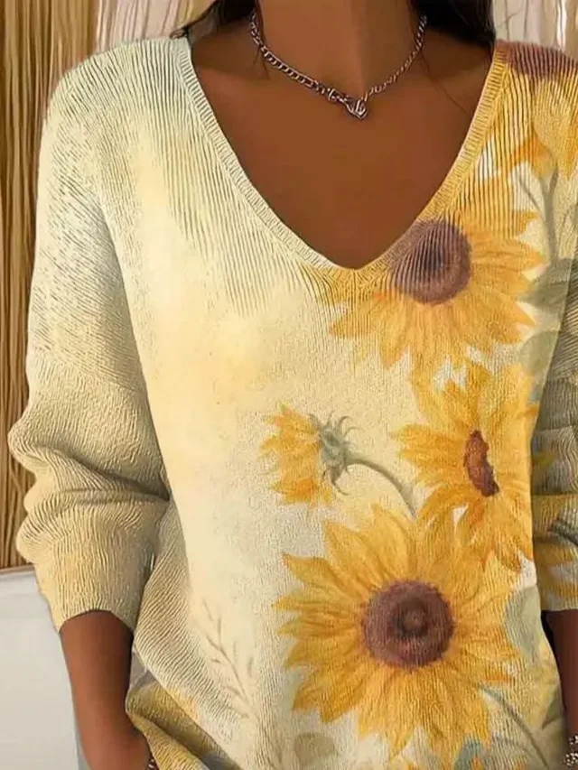 Women Floral V Neck Long Sleeve Casual Daily Spring/Fall T-shirt
