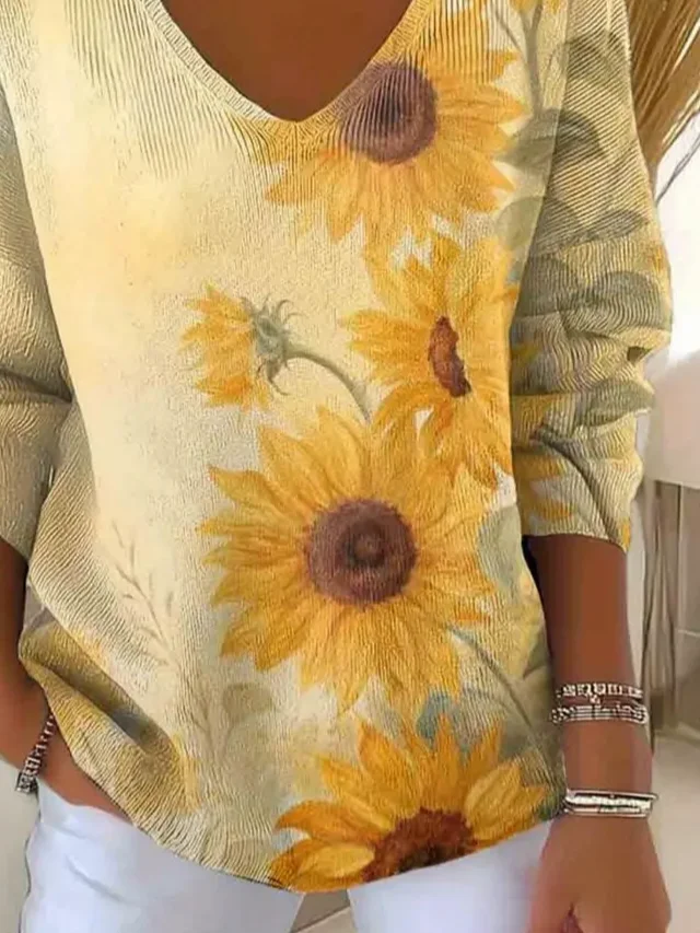 Women Floral V Neck Long Sleeve Casual Daily Spring/Fall T-shirt