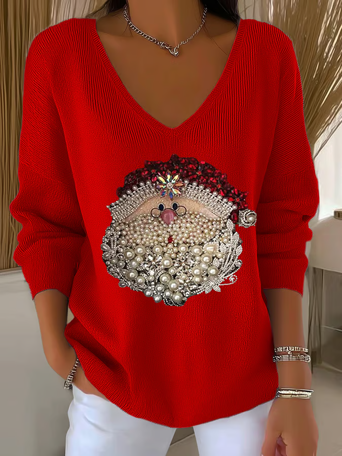 Women Santa Claus V Neck Long Sleeve Casual Daily Spring/Fall T-shirt