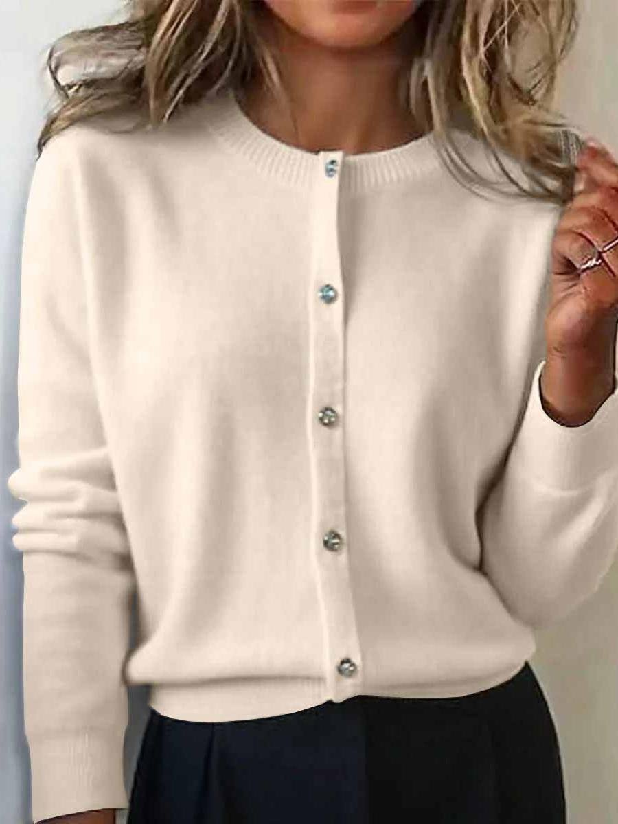 Women Plain Crew Neck Long Sleeve Vintage Daily Winter Cardigan
