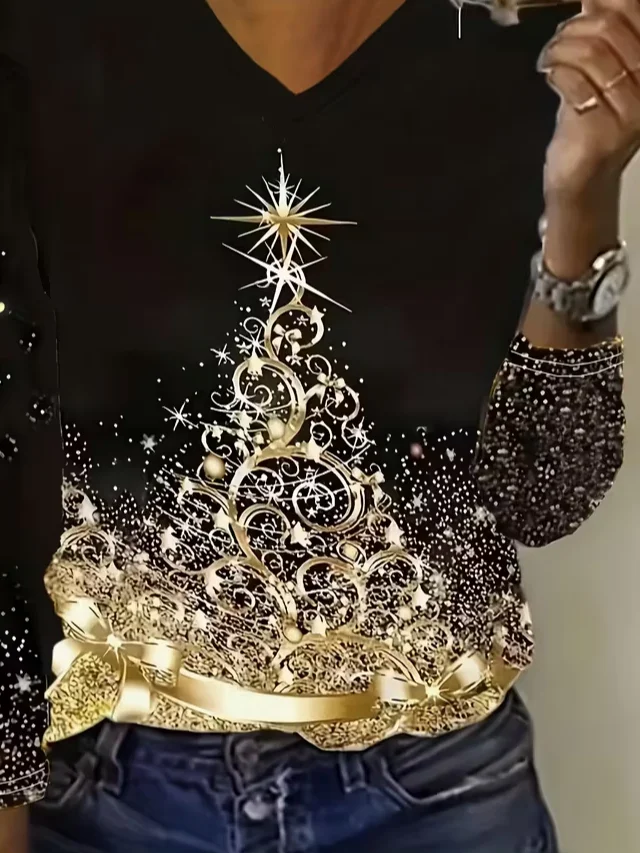 Women Christmas V Neck Jersey Long Sleeve Casual Daily Spring/Fall T-shirt