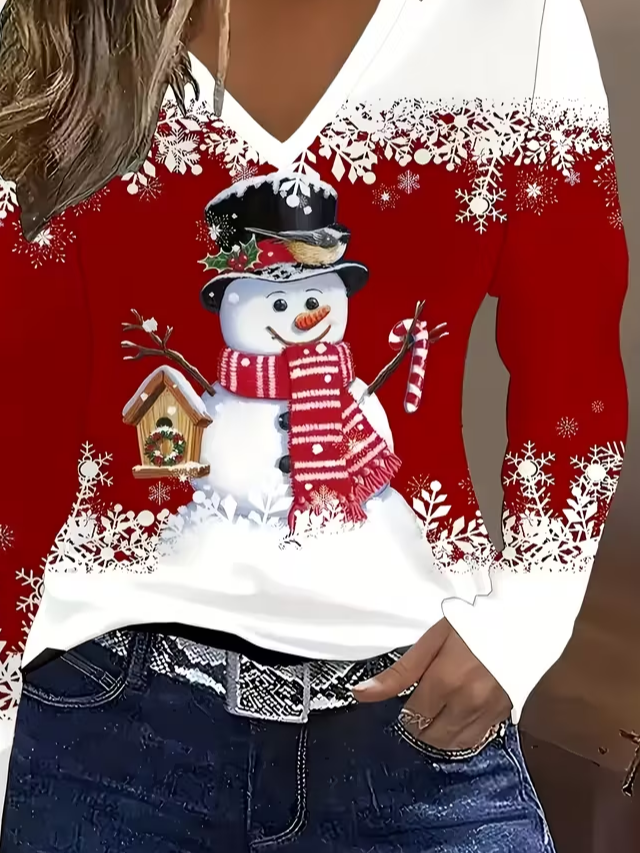 Women Christmas Snowman V Neck Jersey Long Sleeve Casual Daily Spring/Fall T-shirt
