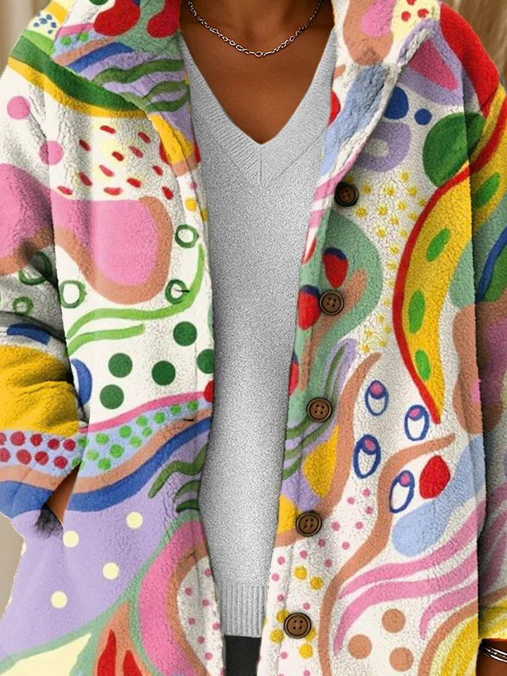 Women Geometric Flannel Long Sleeve Vintage Winter Daily Teddy Jacket Outerwear