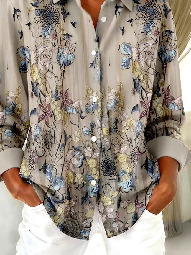 Women Floral Shirt Collar Long Sleeve Casual Daily Spring/Fall Shirt