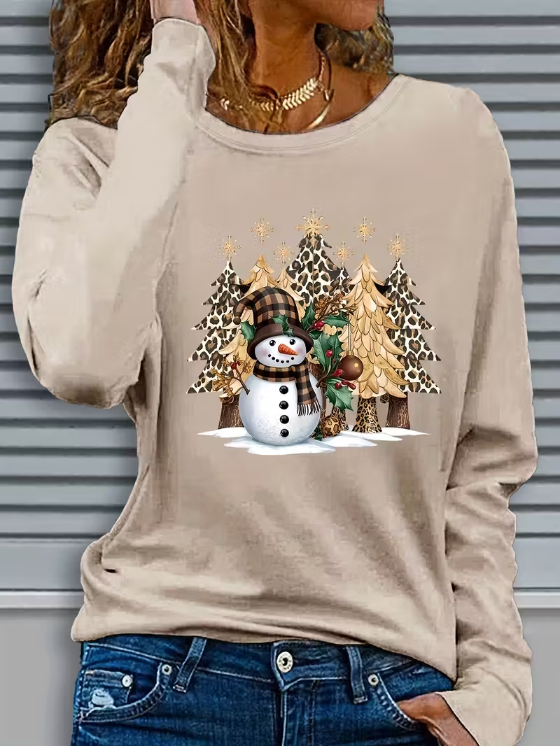 Women Christmas Snowman Crew Neck Jersey Long Sleeve Casual Daily Spring/Fall T-shirt