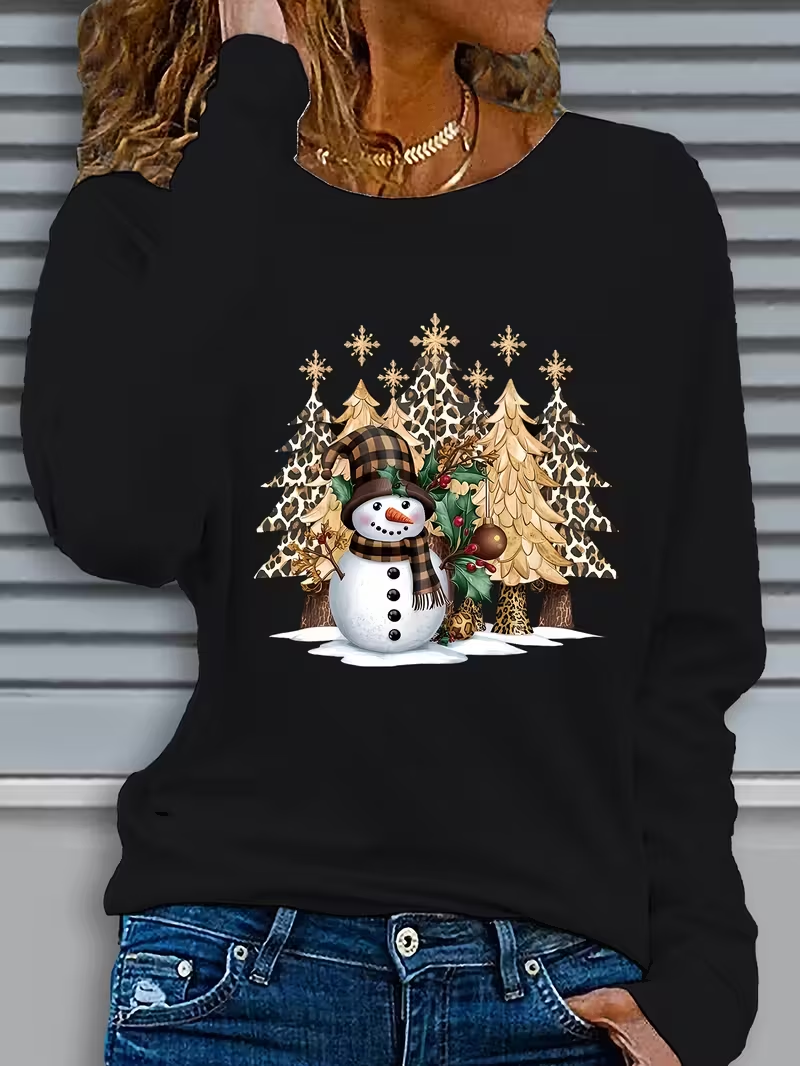 Women Christmas Snowman Crew Neck Jersey Long Sleeve Casual Daily Spring/Fall T-shirt