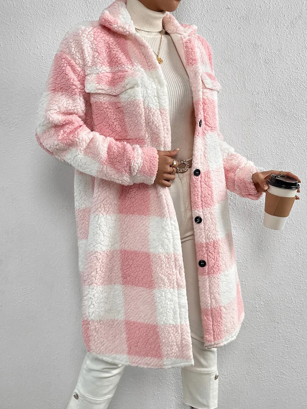 Women Plaid Shawl Collar Flannel Jacket Long Sleeve Casual Printing Winter Daily Coat Outerwear