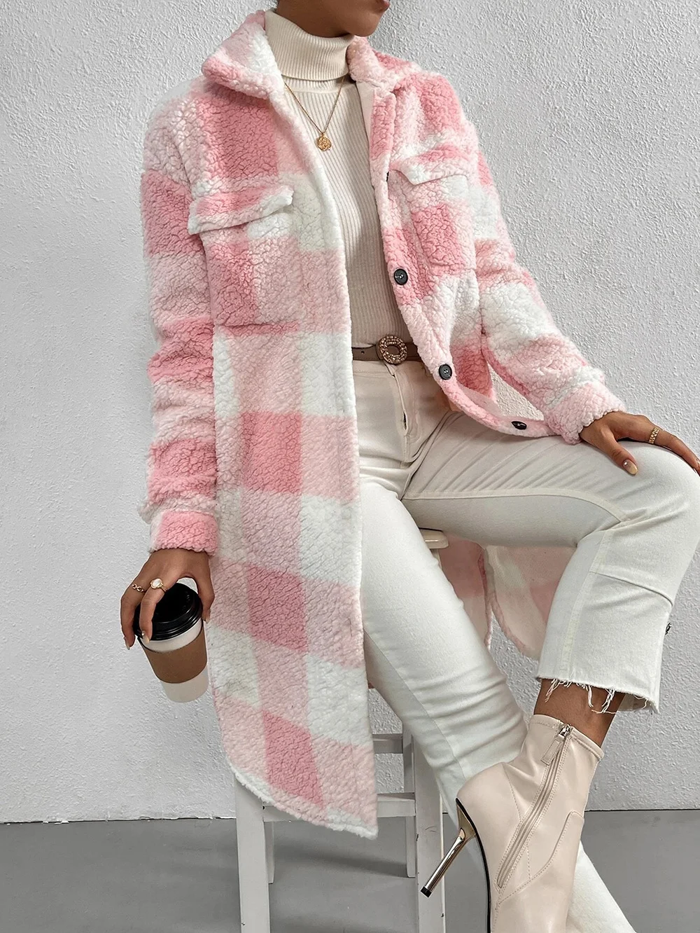 Women Plaid Shawl Collar Flannel Jacket Long Sleeve Casual Printing Winter Daily Coat Outerwear