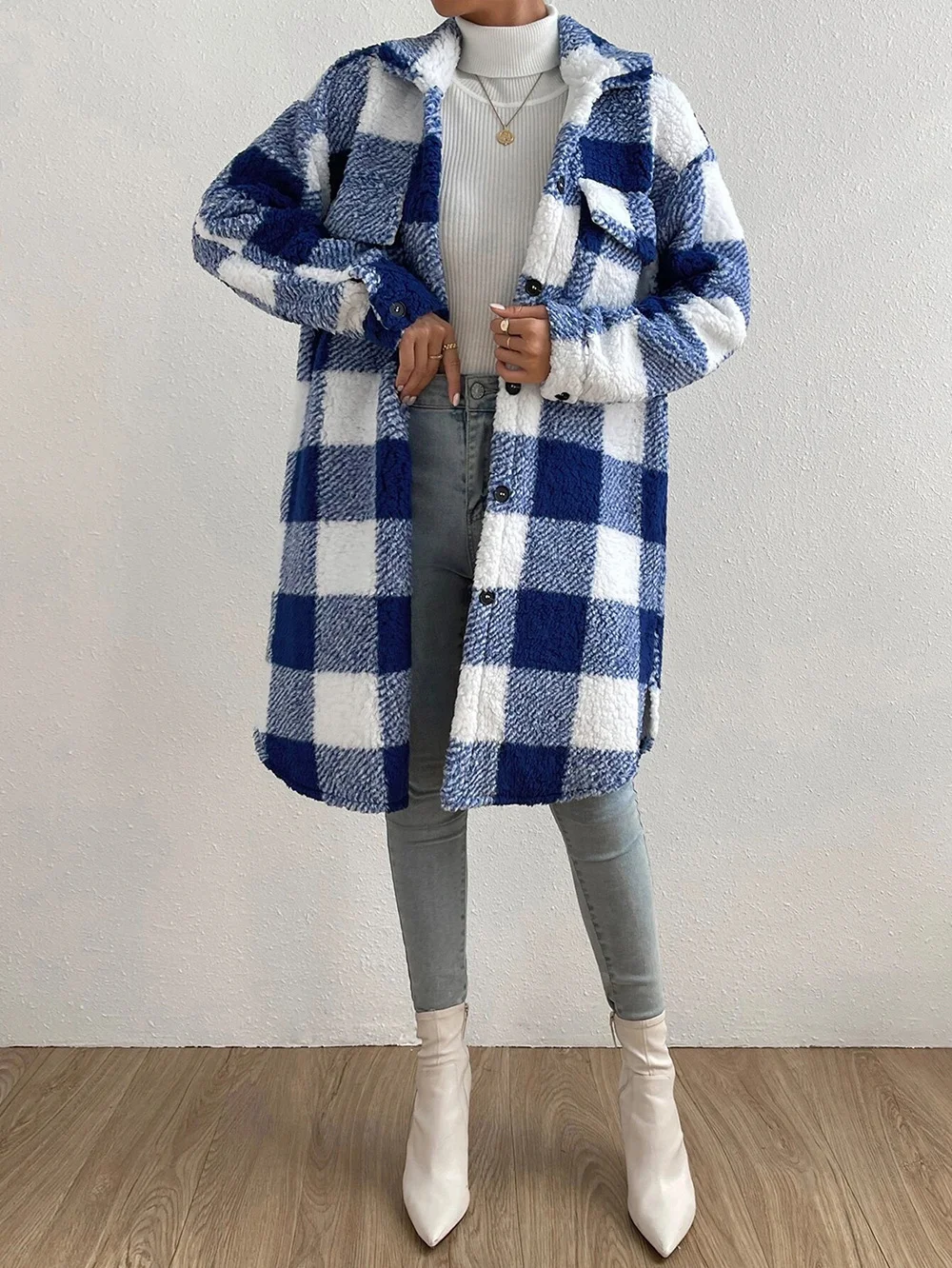 Women Plaid Shawl Collar Flannel Jacket Long Sleeve Casual Printing Winter Daily Coat Outerwear