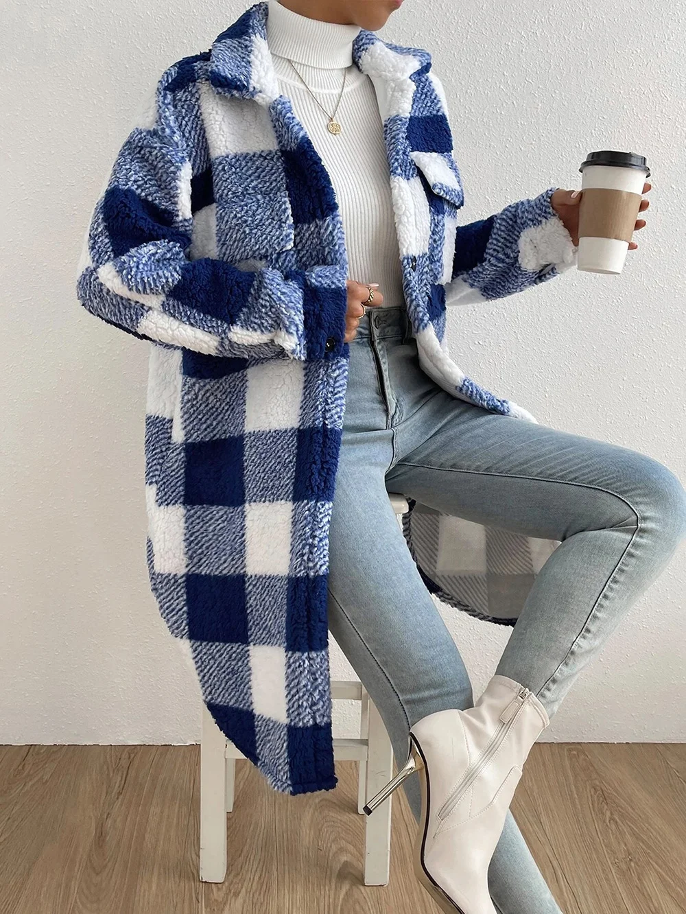 Women Plaid Shawl Collar Flannel Jacket Long Sleeve Casual Printing Winter Daily Coat Outerwear